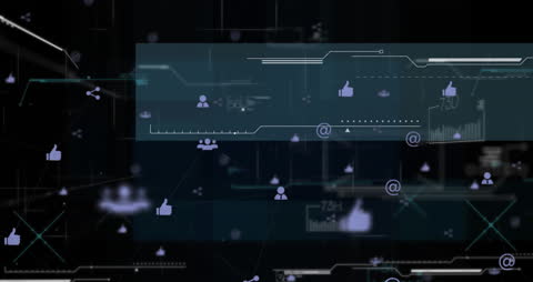 Dark Interface with Social Media Icons and Data Networks