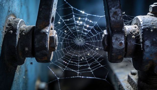 Glistening dew-covered orb web connecting rusted machine linkages in industrial workshop macro
