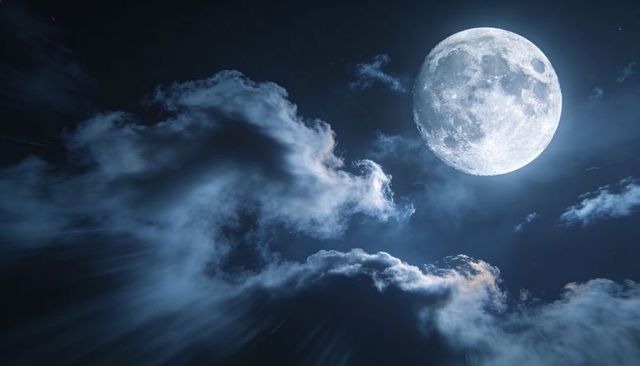 Full Moon Illuminating Rim-Lit Clouds Over Moody Night Sky with Luminous Crater Detail, Panoramic