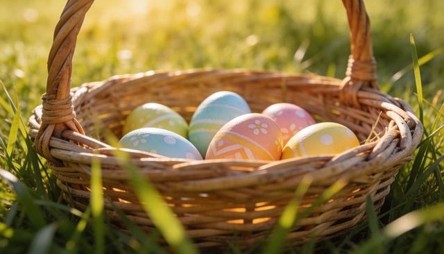 Pastel hand-painted easter eggs nestled in wicker basket on sunlit spring grass