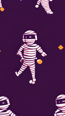 Looping Bandaged Mummy Stepping on Purple Backdrop with Orange Diamonds — Vertical Video