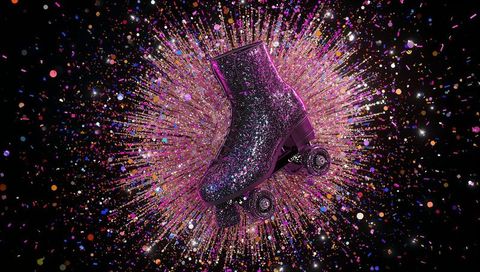 Glittering purple quad skate floating amid confetti burst and prism sparkle