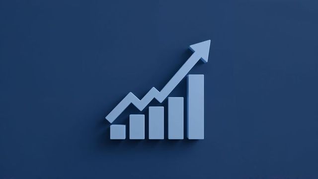 3D Bar Graph with Growth Arrow on Blue Background Demonstrating Progression