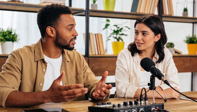 Recording conversational podcast with co-hosts using tabletop microphone and audio mixer