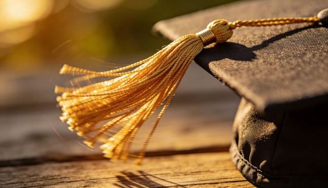 Graduation mortarboard with gold tassel catching warm sunlight on wooden table close-up