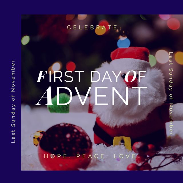First Day of Advent greeting with Santa Claus and Christmas decorations, including ornaments, candles, and festive lights. Perfect for holiday cards, social media posts, and seasonal marketing materials. Conveys themes of hope, peace, and love during the festive season.