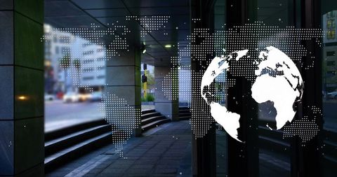 White digital globe and dotted world map reflecting on modern glass entrance