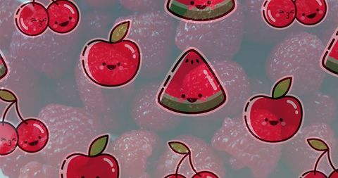Cute fruit illustrations overlay on fresh raspberries