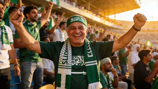 Cheering saudi soccer fan celebrating in sunlit stadium with green scarf and arabic headband