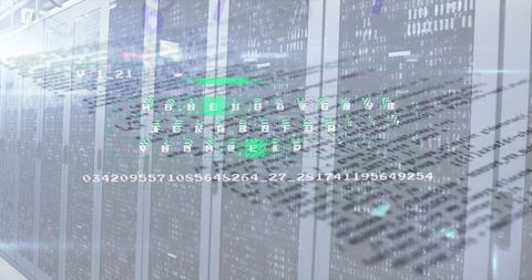 Futuristic Technology Code Overlay on Data Center Servers