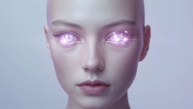 Gazing bald woman emitting purple-pink starlight from iridescent eyes and porcelain skin