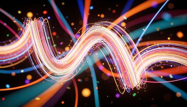 Glowing Neon Ribbon Creating Multicolored Light Wave with Spark Trails and Bokeh