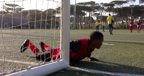 Goaltender Narrow Escape Football Match Day Intense Moment