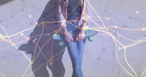 Young Woman Holding Skateboard Indoors with Network Overlay