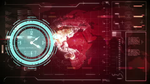 Futuristic Clock Animation Overlaying Digital World Map