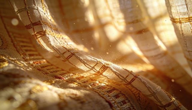 Sunlit embroidered curtain fabric catching dust motes in warm golden glow