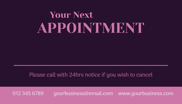 This elegant purple appointment card features a clean layout with clear instructions for rescheduling, cancellation policy, and essential contact details. Ideal for businesses to remind clients of their next appointment, it enhances customer care with a professional touch. Suitable for beauty salons, healthcare services, corporate meetings, and client consultations.