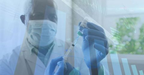 Healthcare Professional Preparing Vaccine with Data Overlay for Research