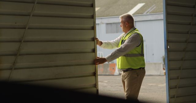 Warehouse worker in high visibility vest opening large industrial door, showcasing workspace and professional environment. Ideal for industrial, labor, and occupational safety themes in websites and publications.