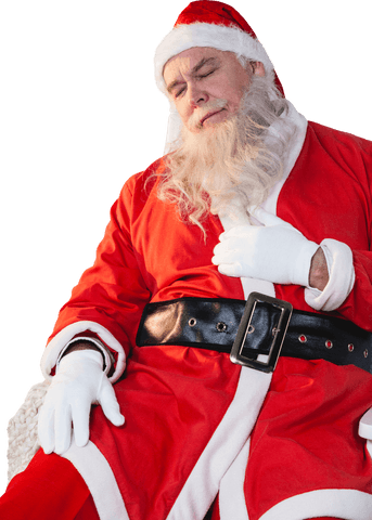 Relaxed santa claus sleeping in santa suit on transparent background