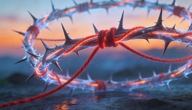 Glowing barbed crown wrapping red yarn, knotted barrier symbolizing tension and protection