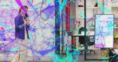 Woman presenting with headset and gesturing in creative studio with colorful network overlay