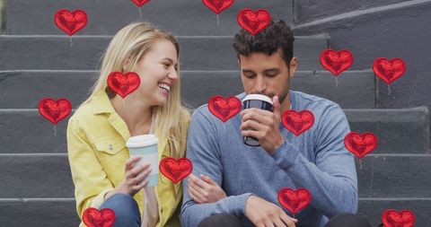 Joyful Couple Relaxing Together on Outdoor Steps, Social Media Imagery
