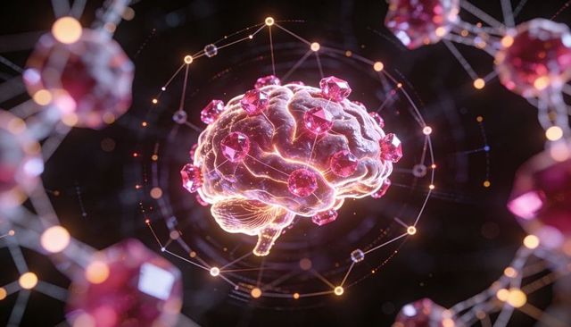 Glowing 3d brain network with pink crystalline nodes showing futuristic neural connectivity