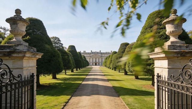 Framing neoclassical manor centering on topiary avenue, urn-topped piers and wrought iron gates