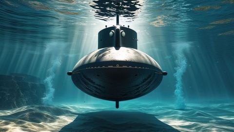 Military submarine navigating underwater terrain, streamlined design
