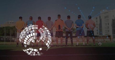 Soccer players lining up on pitch with futuristic graphics