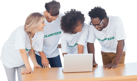Group of diverse volunteers collaborating together transparent