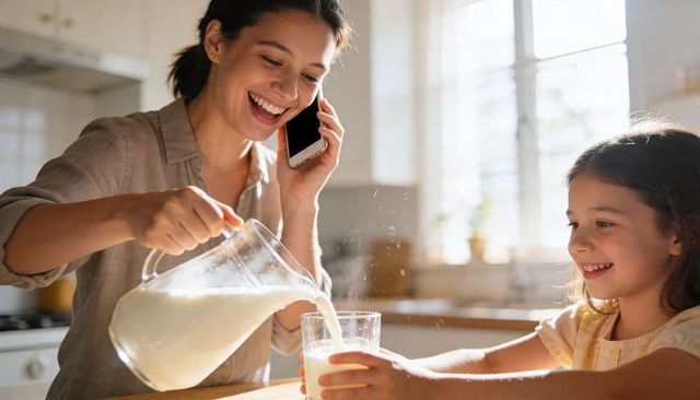 Smiling mother pouring milk for daughter while talking on phone in sunlit kitchen