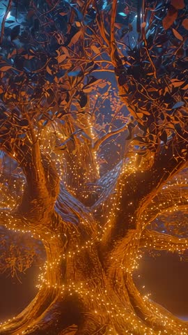 Ascending Through Enchanted Tree with Golden Lights and Floating Embers | Vertical
