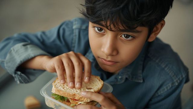 Adolescent boy pressing sandwich in lunchbox while sitting at school cafeteria table