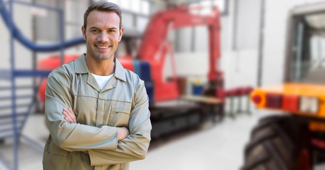 Confident worker standing with arms crossed inside a modern factory. Man in uniform smiles while standing amidst industrial machinery and equipment. Perfect for use in industrial, manufacturing, engineering, workplace safety, and professional context. Ideal for illustrating themes of confidence, success, and professionalism in the workspace.