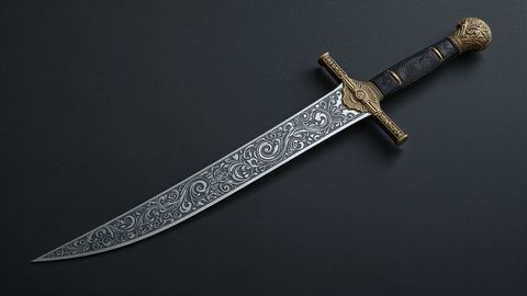 Intricately Engraved Dagger with Gold Accents on Dark Background