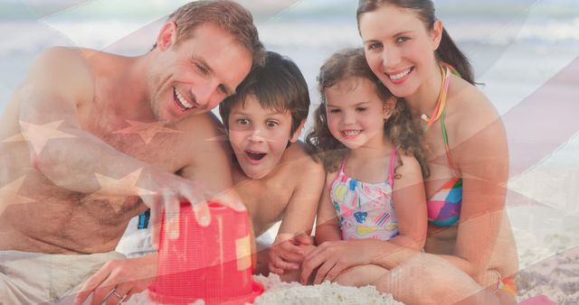 Family at Beach Smiling with Subtle USA Flag Overlay - Download Free Stock Images Pikwizard.com