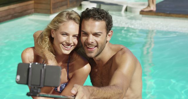 Happy Couple Taking Selfie by the Pool - Download Free Stock Images Pikwizard.com