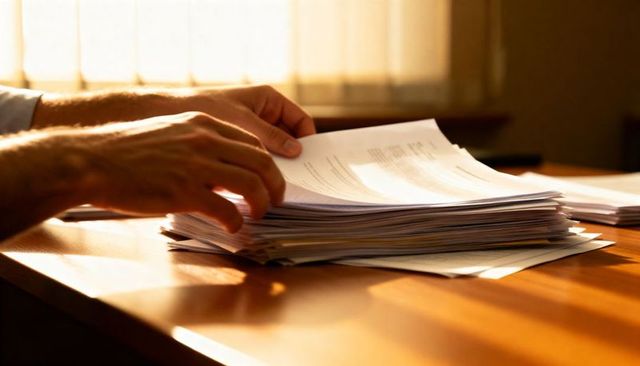 Office worker flipping stack of printed documents on sunlit wooden desk with warm shadows
