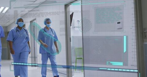 Nurses walking hospital corridor with augmented reality hud, teamwork and futuristic care