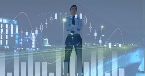 Businessman Overlaid with Financial Graphs on Urban Background