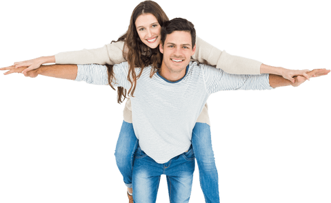 Cheerful young couple piggybacking transparent background