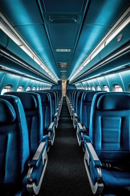 Empty airplane cabin with rows of blue seats. Ideal for travel brochures, airline advertisements, and articles about air travel experience. The modern design and cleanliness emphasize comfort and efficiency in commercial aviation.