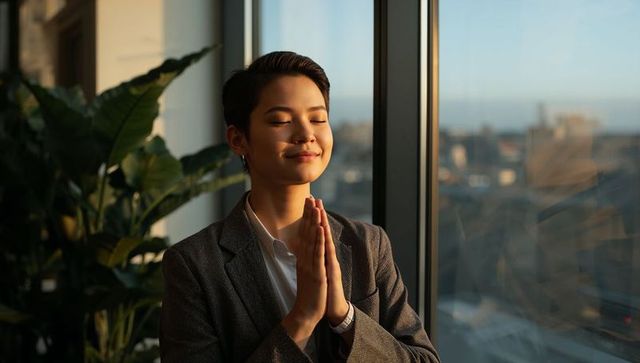 Praying businesswoman standing by office window in warm sunlight with indoor greenery