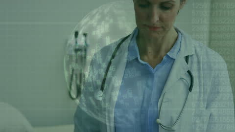 Female Doctor Utilizing Digital Tablet with Data Overlay