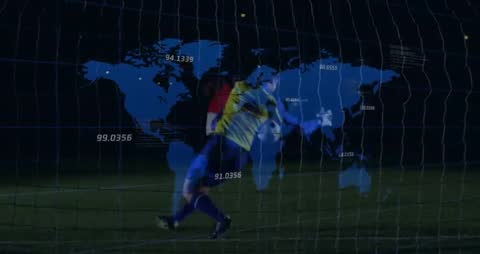 Soccer Action Scene with World Map and Analytics Overlay