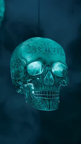 Rotating Teal Skull with Engraved Filigree in Smoky Vertical Video for Gothic Fantasy