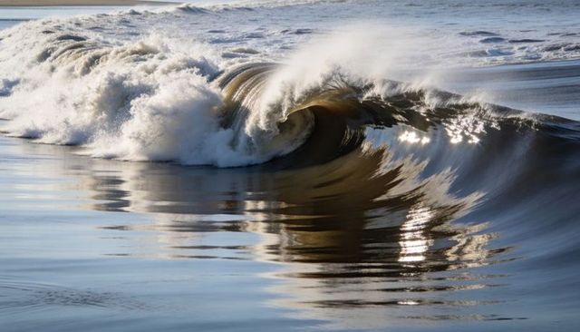 Curling ocean wave forming hollow barrel with sunlit reflections on glassy face