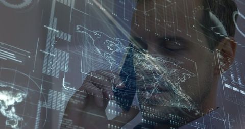 Businessman with Digital Interface and Global Data Visualizations